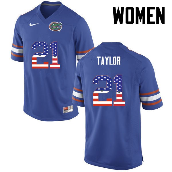 Florida Gators Women #21 Fred Taylor College Football USA Flag Fashion Blue